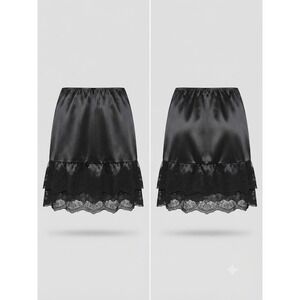 Melody Satin Mini Skirt Womens Medium Black Lace Trim K5 Elastic Waist Tiered